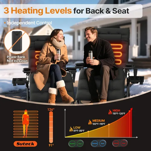 Vista 4 de Suteck Heated Zero Gravity Chair, 29" XL Oversized Reclining Lounge Chairs Negro