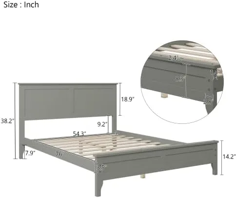 Vista 2 de anwickjeff Base de cama de tamaño matrimonial con cabecero y estribo, cama de plataforma de madera maciza blanca de estilo conciso moderno