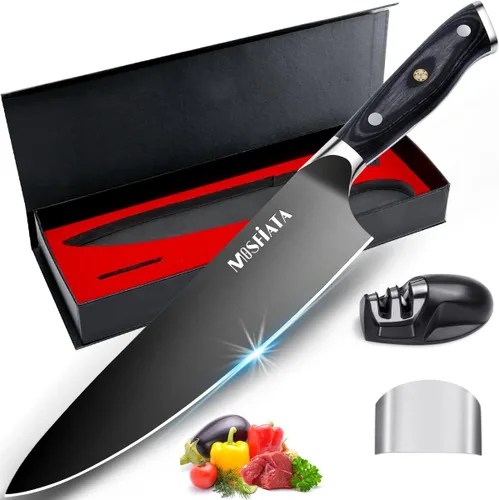 Vista 11 de MOSFiATA - Cuchillo de chef de 10 pulgadas súper afilado, cuchillo de cocina profesional con protector de dedos en caja de regalo, cuchillo