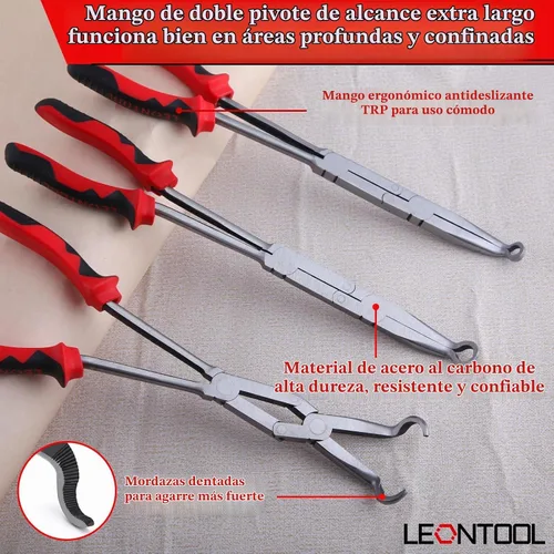 Vista 2 de Juego de 3 piezas de alicates de punta extra larga para agarre de manguera, 13" de longitud, alicates para bujías XL, alicates de punta pivotante