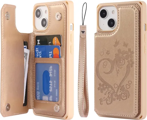 Vista 27 de Cavor para iPhone 14 Plus Funda tipo cartera con tarjetero, Funda tipo cartera para iPhone 14 Plus para mujeres, Doble cierre magnético a prueba