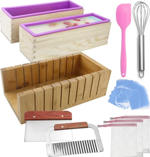 Vista 10 de Moldes de jabón de silicona - Juego de herramientas de corte de jabón de madera de bambú (2 piezas de cubierta de madera)