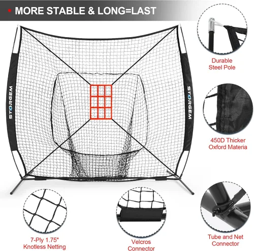 Vista 2 de Storgem Red de práctica de béisbol y softbol de 77 pies – Soporte portátil para bateo, lanzamiento, entrenamiento de bateo con camiseta, organizador