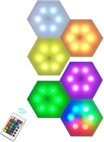 Vista 5 de QLEE Luces LED hexagonales inteligentes, control remoto, geometría, luz hexagonal sensible al tacto, RGB colorido, paneles de pared para dormitorio