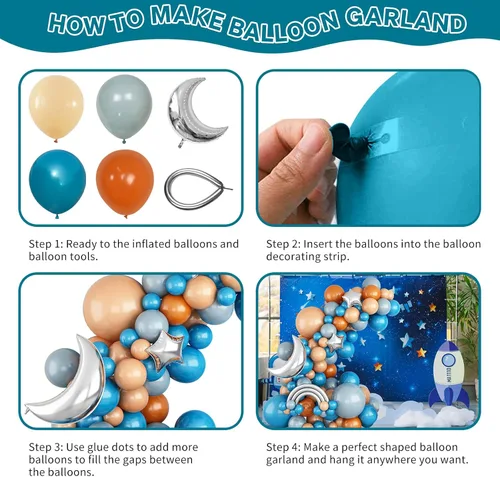 Vista 5 de Kit de arco de globos azules y naranjas, kit de guirnalda de arco de globos espaciales con globos plateados metálicos, globos de látex azul marino