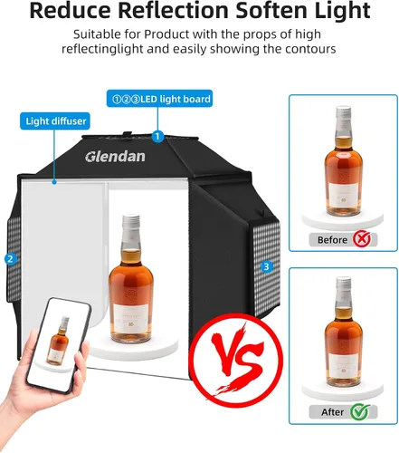 Vista 5 de Caja de Luz Portátil Glendan para Fotografía: Caja de Foto Profesional Ajustable de 16"x16" con Luces LED CRI 480 de Alta Calidad - Caja de Luz