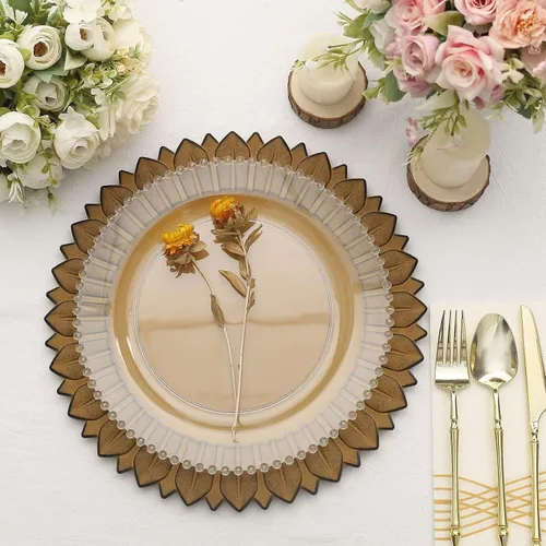 Vista 5 de Efavormart Paquete de 6 Platos Cargadores de Cena de Plástico de Girasol Amarillo Mostaza Mate de 13", Bandejas Redondas Desechables para Servir