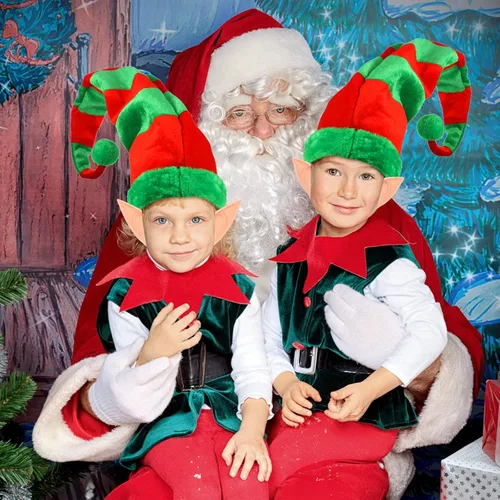 Vista 5 de Hillban 4 piezas de sombreros y orejas de elfo de Navidad, accesorios de gnomo de elfo para disfraz de fiesta de Navidad (estilo a rayas)