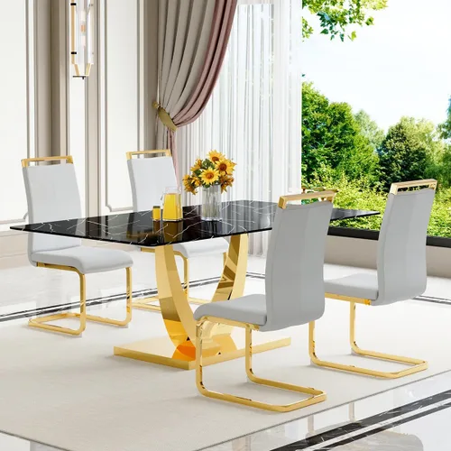 Vista 38 de Juego de mesa de comedor negra para 4, 63 x 35.4 x 30 pulgadas, mesa de comedor moderna rectangular con patas y base de acero inoxidable, sillas