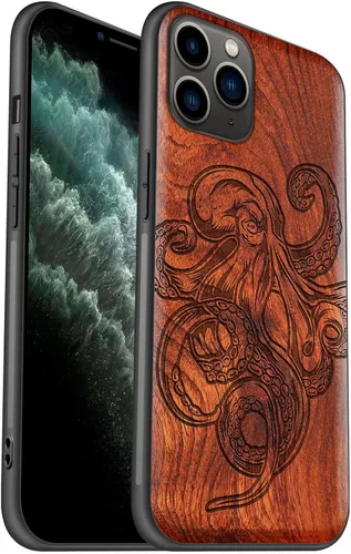 Vista 11 de Carveit Funda de madera para iPhone 11 [madera natural y TPU suave negro] a prueba de golpes, protector de madera único para teléfono compatible