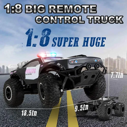 Vista 4 de Carox Coche de policía grande a control remoto con luces y sirenas para niños 1:8 coche policía con tres baterías recargables duradero RC camión