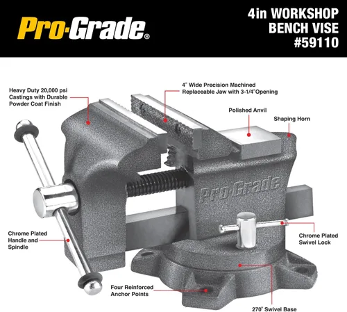Vista 3 de Pro-Grade Tornillo de banco para taller, tornillo de banco de 4 pulgadas con base giratoria, 59110