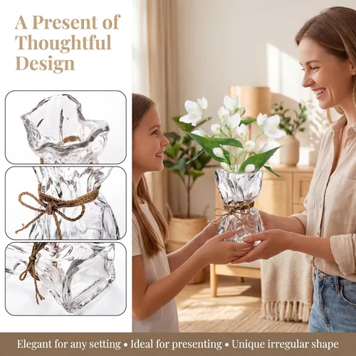 Vista 3 de Covzoe - Florero de cristal, 8.7 pulgadas de alto, irregular, con cuerda de cáñamo Clear Art Decorative Vases for Table Centerpiece, Modern