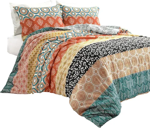 Vista 8 de Lush Decor Juego de funda de edredón reversible de algodón a rayas bohemias, juego de 3 piezas, tamaño King, turquesa y naranja, juego de cama a