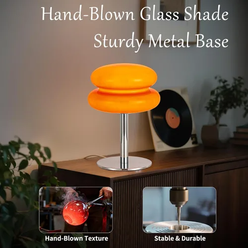 Vista 5 de Lámpara vintage de hongos, lámpara de cristal naranja con base de metal, lámpara de mesita de noche regulable para dormitorio, sala de estar