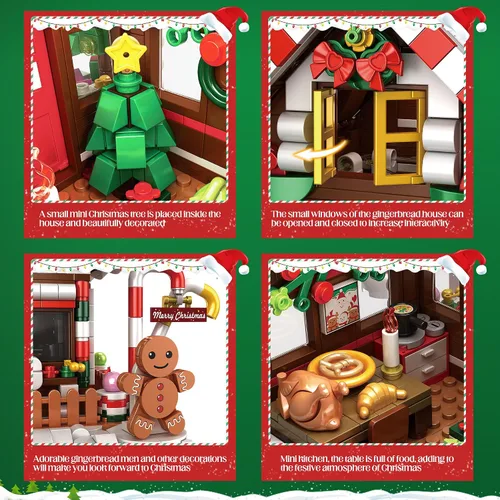 Vista 3 de Edificio de casa de pan de jengibre de Navidad, juego de construcción de casa de pueblo navideño, contiene árbol de Navidad y tren, juguete