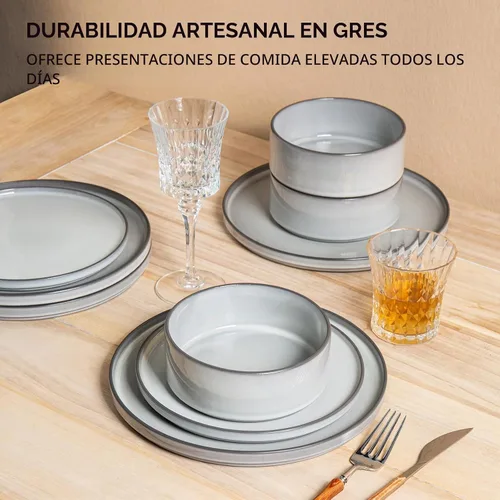 Vista 3 de Juegos de vajilla para 4, 12 piezas de platos y cuencos de esmalte reactivo Gris