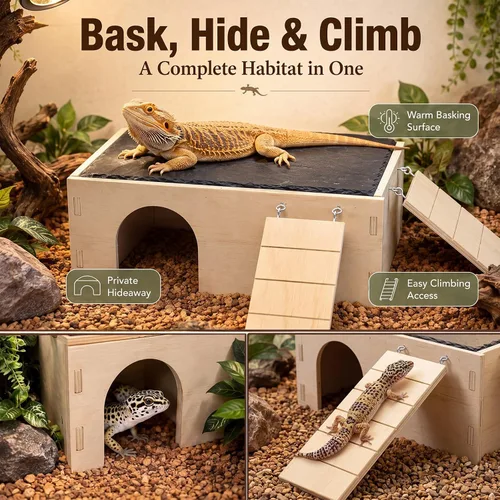 Vista 4 de 2 in 1 Bearded Dragon Basking Platform with Hide, Slate Tiles for Reptiles