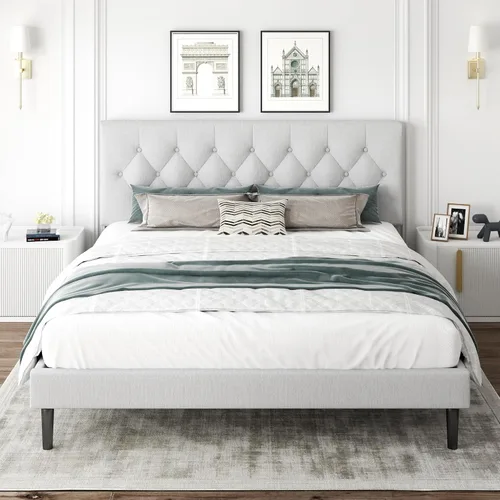 Vista 17 de CXVX Marco de cama de tamaño matrimonial con estructura de plataforma y cabecera tapizada, diseño con botones, listones de madera resistentes,