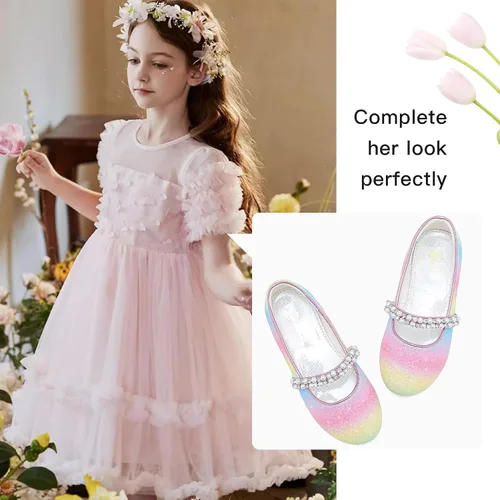 Vista 7 de Zapatos de vestir para niñas pequeñas, zapatos de flores, zapatos de princesa, boda, fiesta, zapatos planos para niñas pequeñas y grandes