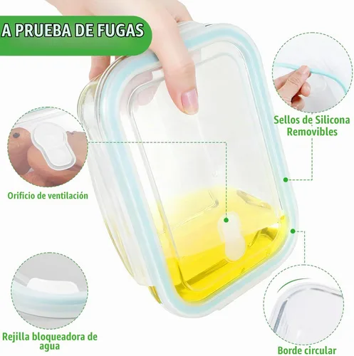 Vista 4 de Contenedores de almacenamiento de vidrio de 22 onzas con tapas, paquete de 5 recipientes de vidrio para preparación de comidas, contenedor