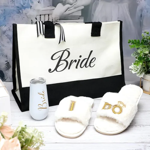 Vista 5 de Karenhi Juego de 3 piezas de regalo de novia, vaso de novia y flautas de champán, bolsa de mano para esposa y bolsa de regalo para despedida