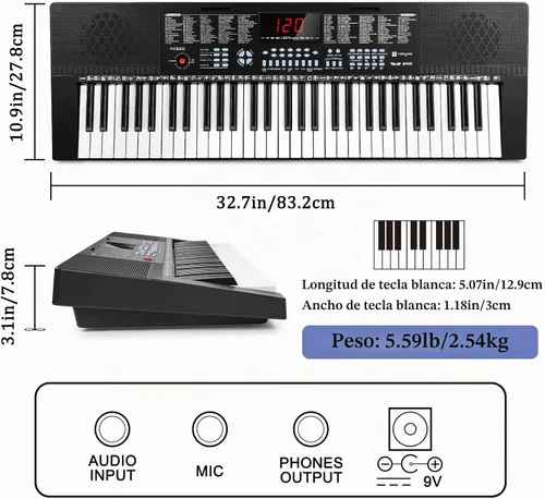 Vista 6 de Vangoa Piano de teclado iluminado de 61 teclas para principiantes, 350 tonos y timbres, 3 modos de enseñanza, con micrófono, negro