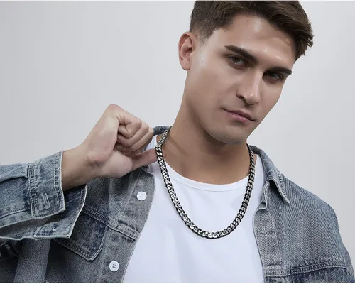 Vista 61 de YAMI Cadena de eslabones cubanos para hombre, azul/negro/oro de 14 quilates, acero inoxidable de 0.394-0.472 in de grosor, collar de cadena