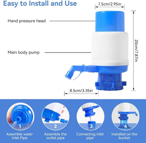 Vista 4 de Bomba de botellas de agua, bomba de jarra de agua portátil azul, dispensador de agua manual con un tubo extra corto que se adapta a la mayoría
