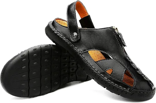 Vista 5 de JAMONWU Men's Casual Closed Toe Adjustable Leather Sandals Handmade Fisherman Beach Sandals