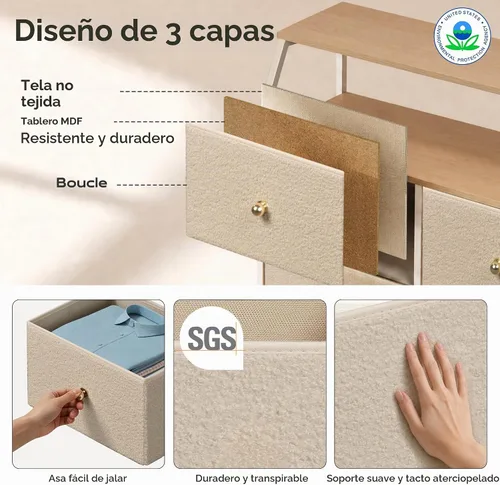 Vista 6 de WLIVE Torre de almacenamiento de tocador de 8 cajones de tela beige Bouclé para dormitorio
