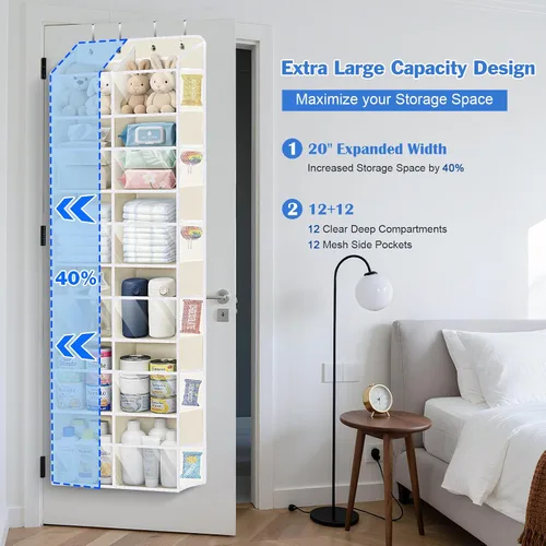Vista 3 de Univivi Organizador para colgar sobre la puerta, 6 niveles detrás de la puerta con bolsillos profundos transparentes, organizador colgante para Beige