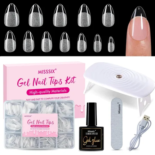 Vista 9 de Misssix Kit de puntas de uñas de gel corto de almendra, 504 piezas de uñas Kit de almendras cortas transparentes (504 piezas con 3 herramientas)