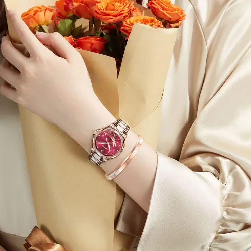 Vista 4 de OLEVS Relojes automáticos para mujer, mecánico, esfera de corazón, esfera de corazón, oro rosa, banda de cerámica, impermeable, luminoso, fecha