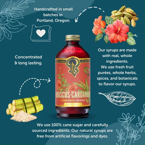 Vista 4 de Jarabe de Hibisco y Cardamomo de Portland Syrups - Elabora Exquisitos Cócteles, Bebidas sin Alcohol, Té, Refrescos, Bebidas de Café y Más - 12 onzas