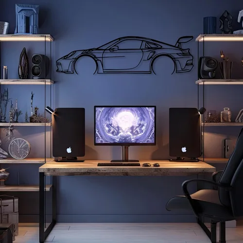 Vista 6 de DecoSoul Arte de Pared de Metal con Silueta de Coche 911, Coche Deportivo, Decoración de Línea de Silueta Automotriz, Cueva de Hombre, Regalo