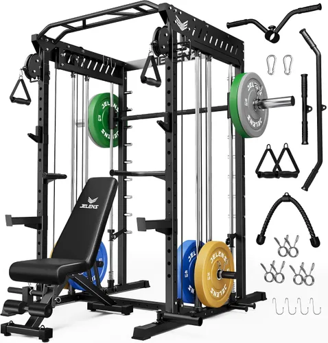 Vista 27 de JELENS M21 - Máquina Smith, jaula de potencia multifunción con sistema de cruce de cable de polea doble, banco de sentadillas todo en uno de 907 kg