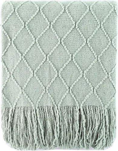 Vista 14 de BATTILO HOME Manta verde manzana para sofá, suave manta de punto de chenilla con borlas para la decoración del hogar, manta verde primavera
