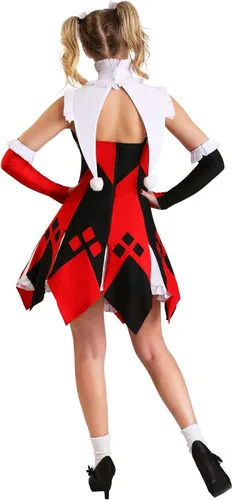 Vista 2 de Bonito disfraz de bufón de la corte para mujer, vestido de disfraz de Harley Quinn bufón con enaguas, cuello, calentadores de brazos y adornos