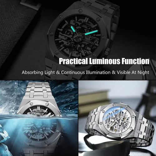 Vista 3 de RORIOS Reloj de negocios para hombre, reloj mecánico automático, reloj luminoso con correa de acero inoxidable, reloj de pulsera de cuerda automática