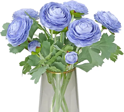 Vista 2 de Flores artificiales de ranúnculo con tallo de tacto real, flores de ranúnculo de seda (azul, 6 unidades)