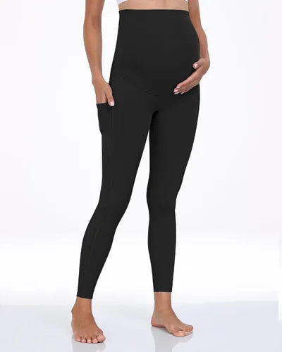 Vista 5 de WHOUARE Leggings de maternidad sobre el vientre con bolsillos para mujer, cintura alta, entrenamiento, pantalones de yoga