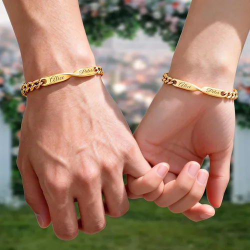 Vista 6 de Juego de pulseras de cadena de infinito personalizadas, grabado con nombre personalizable, longitud ajustable con dije de corazón, a juego con joyas