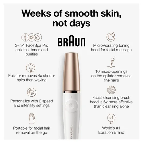 Vista 3 de Braun Depiladora facial Facespa Pro 911, depilación facial para mujeres, dispositivo de depilación, depilación 3 en 1, cepillo de limpieza
