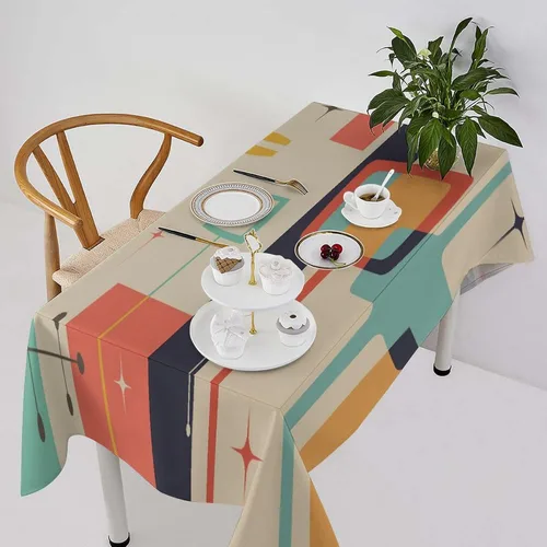 Vista 22 de Mantel retro moderno de mediados de siglo, diseño de colores retro de los años 50, resistente al agua, mantel lavable para cocina, comedor, fiesta