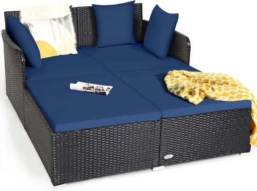 Vista 12 de HAPPYGRILL Sofá cama de ratán para exteriores, juego de sofá cama para patio con cojín y almohadas, pie de aluminio resistente, muebles de mimbre