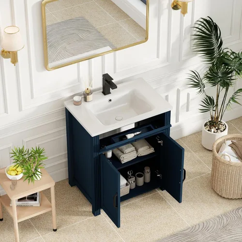 Vista 5 de Henf 28 Inch Bathroom Vanity with Ceramic Integrated Sink, Blue Bathroom Storage Cabinet with 2 Soft Close Doors,1 Tilt-Out Drawer,Reinforced Corner