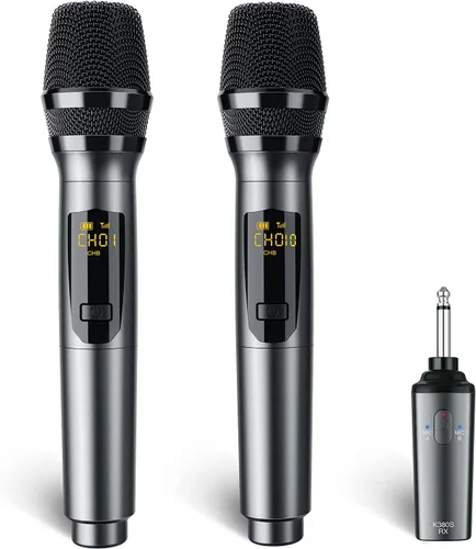Vista 9 de LEKATO Micrófono inalámbrico, sistema de micrófono dinámico inalámbrico de mano dual recargable de 2.4 GHz con receptor de 1/4 pulgadas, micrófono