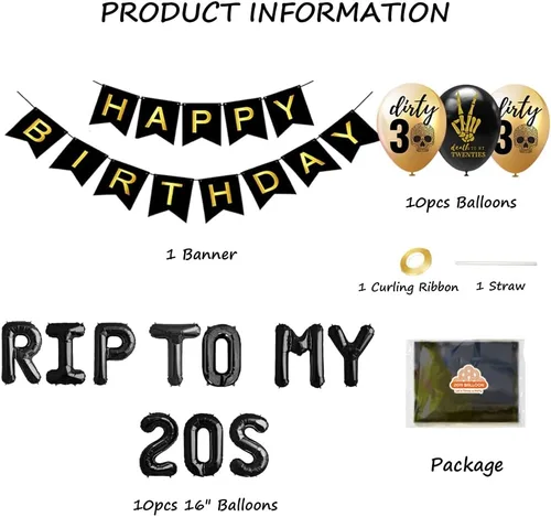 Vista 2 de RIP To My 20s 30th Birthday - Suministros para fiesta de 30 años, globos RIP TWENTIES, pancarta de feliz cumpleaños para muerte a mis 20 años