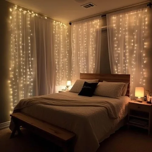 Vista 8 de Guirnalda de 300 luces LED para cortina, luces parpadeantes para dormitorio con 8 modos de iluminación, luces de Navidad USB para fiesta, hogar
